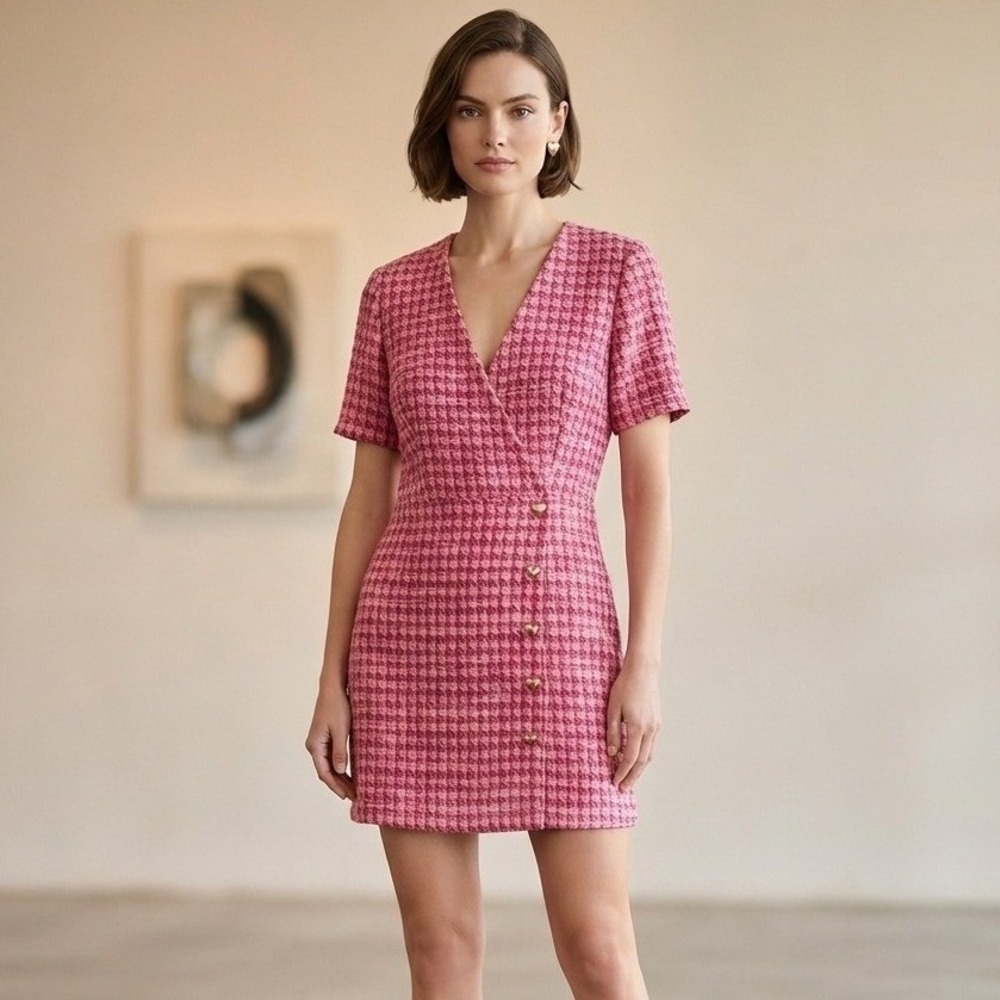 London Times Petites Pink Tweed Faux Wrap Dress Heart‎ Buttons Preppy 14 P NWT